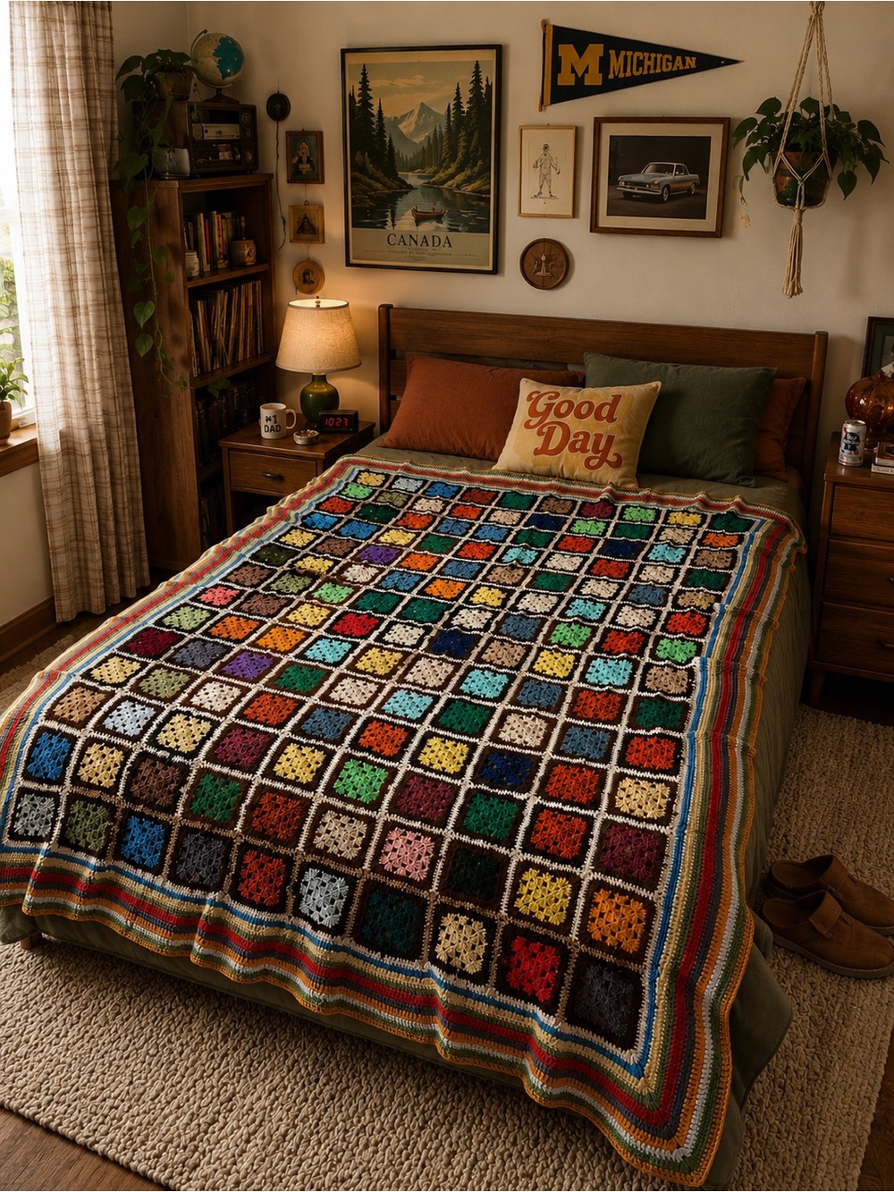 VINTAGE 70s HANDMADE Crochet Granny Square Afghan Throw Blanket 96in x 70in